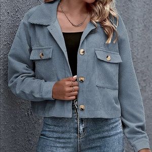 Long sleeve cropped corduroy shacket.